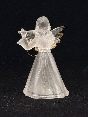 Vintage Christmas Ornament Frosted Angel Playing Flute Gold Tipped Wings 3.25"